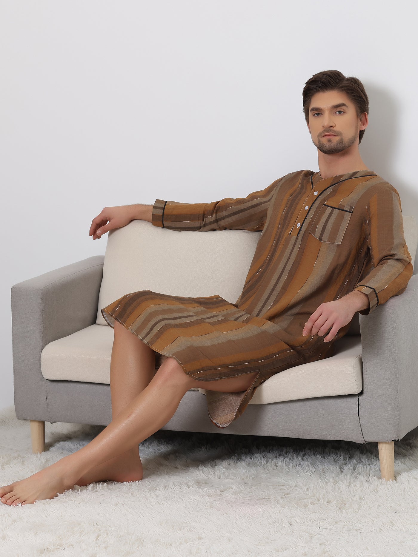 Bublédon Striped Print Nightgown for Men's V-Neck Button Long Sleeves Nightshirt Sleep Shirt