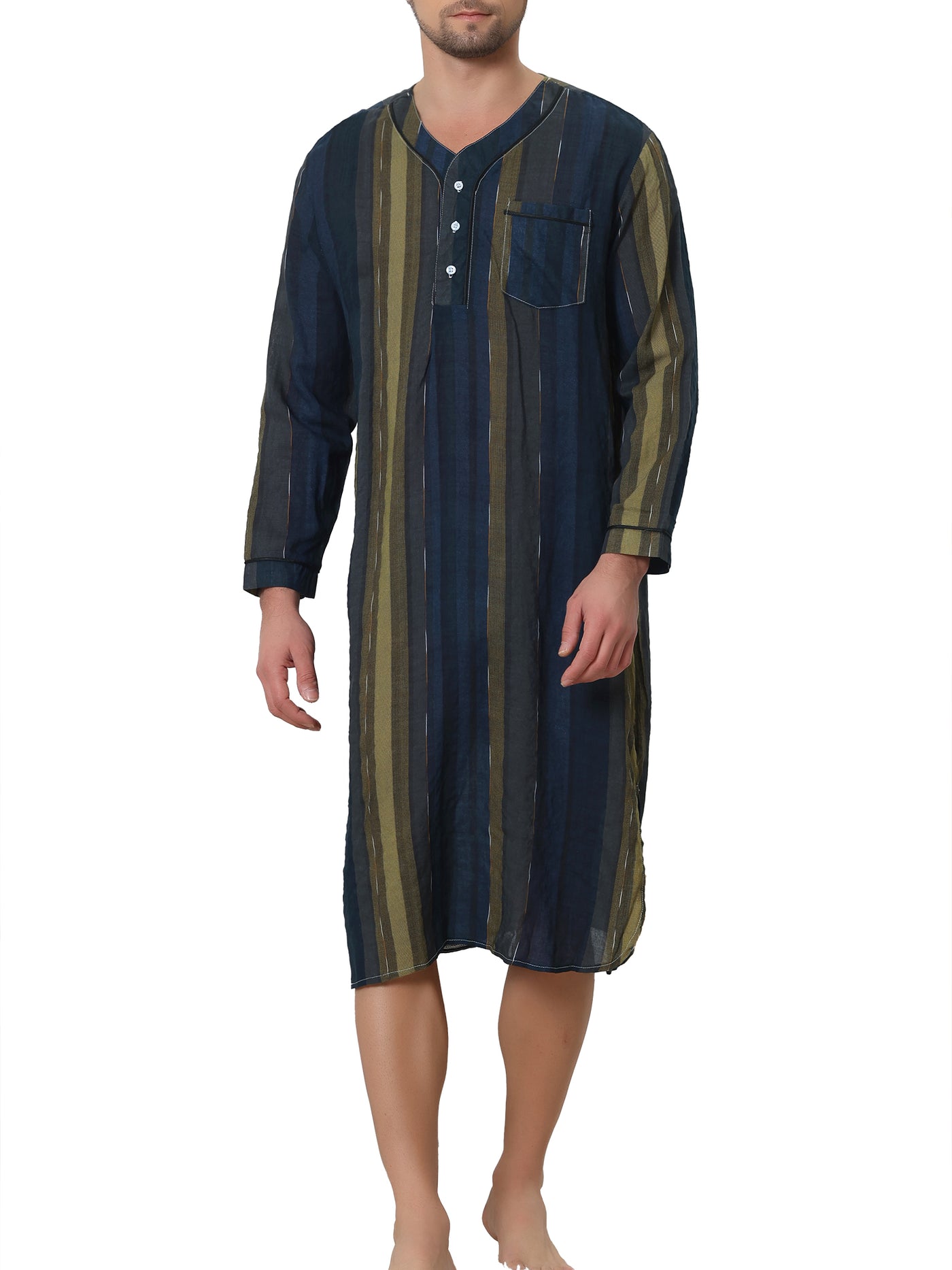 Bublédon Striped Print Nightgown for Men's V-Neck Button Long Sleeves Nightshirt Sleep Shirt