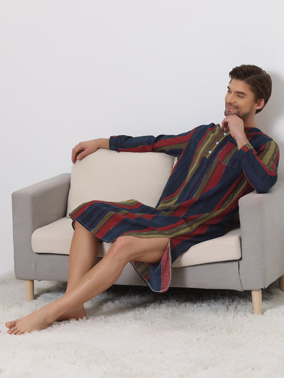 Striped Print Nightgown for Men's V-Neck Button Long Sleeves Nightshirt Sleep Shirt