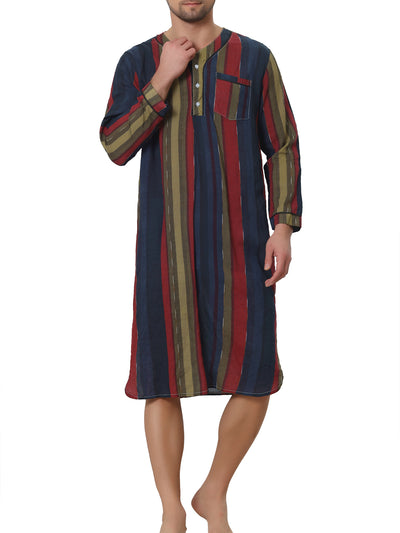 Striped Print Nightgown for Men's V-Neck Button Long Sleeves Nightshirt Sleep Shirt
