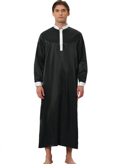 Satin Nightshirt Long Sleeves Banded Collar Sleep Gown Nightwear