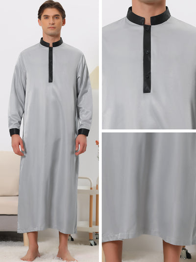 Satin Nightshirt Long Sleeves Banded Collar Sleep Gown Nightwear