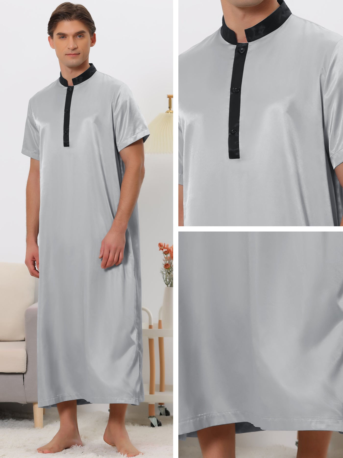 Bublédon Band Collar Nightshirt Short Sleeves Contrast Color Sleepwear Gown