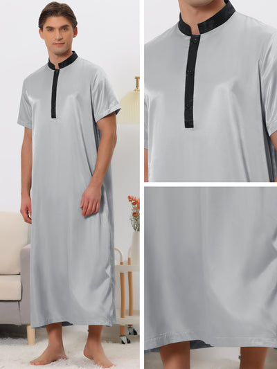 Band Collar Nightshirt Short Sleeves Contrast Color Sleepwear Gown