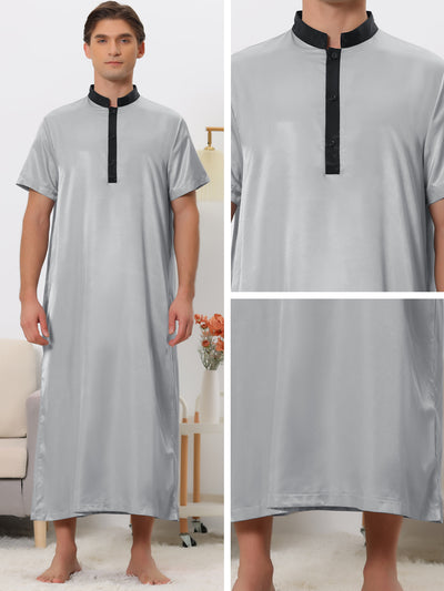 Band Collar Nightshirt Short Sleeves Contrast Color Sleepwear Gown