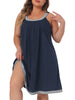 Plus Size Nightgown for Women Sleeveless Contrast Color Wide Strap Pleated Nightshirt Sleepwear