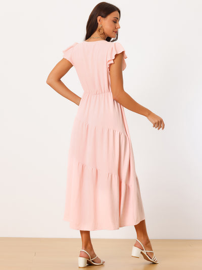 Women's Flutter Short Sleeve Tiered Maxi Dresses V Neck Elastic Waist Ruffle a Line Long Dress