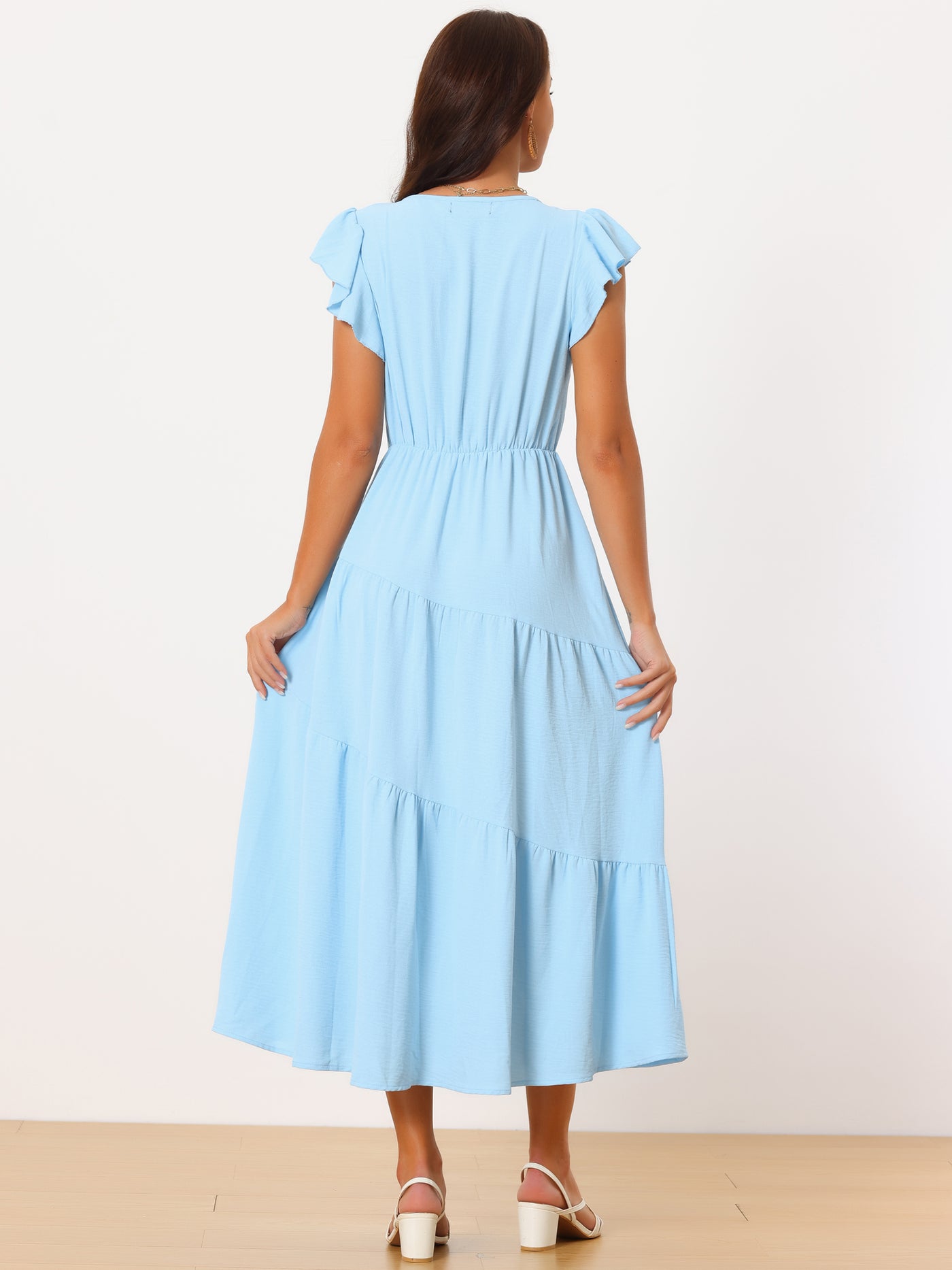 Bublédon Women's Flutter Short Sleeve Tiered Maxi Dresses V Neck Elastic Waist Ruffle a Line Long Dress