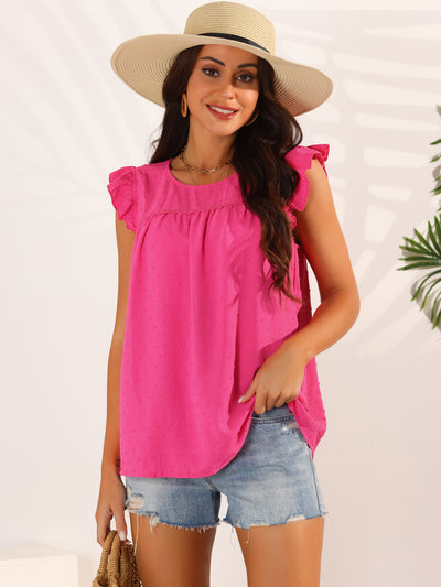 Women's Summer Crewneck Ruffle Sleeveless Blouse Swiss Dots Casual Shirt Tunic Tops