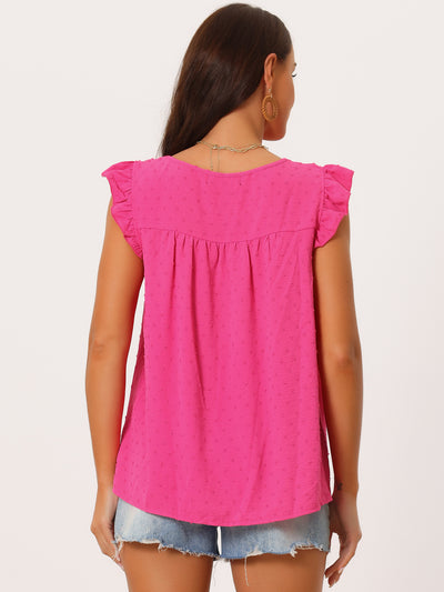 Women's Summer Crewneck Ruffle Sleeveless Blouse Swiss Dots Casual Shirt Tunic Tops
