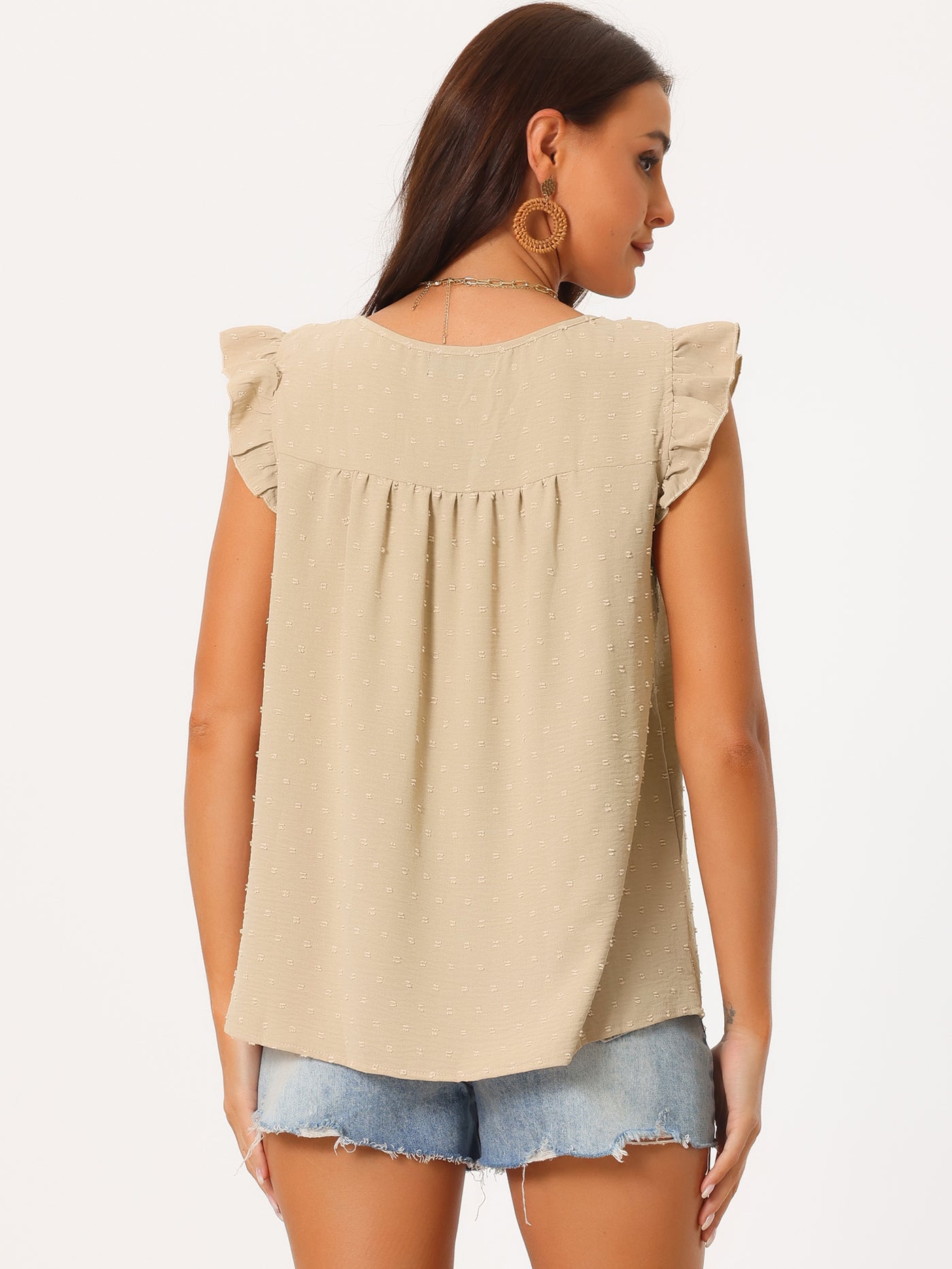 Bublédon Women's Summer Crewneck Ruffle Sleeveless Blouse Swiss Dots Casual Shirt Tunic Tops