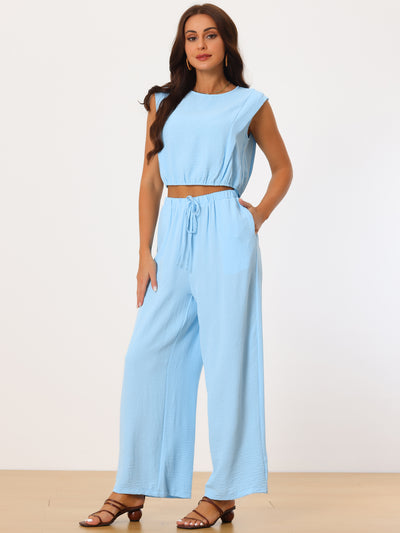 Summer 2 Piece Outfits Sleeveless Round Neck Crop Top Tank and High Waist Wide Long Pants Lounge Set