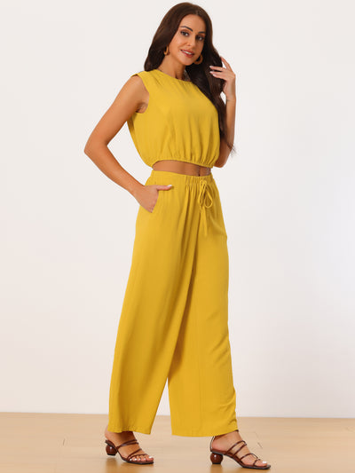 Summer 2 Piece Outfits Sleeveless Round Neck Crop Top Tank and High Waist Wide Long Pants Lounge Set