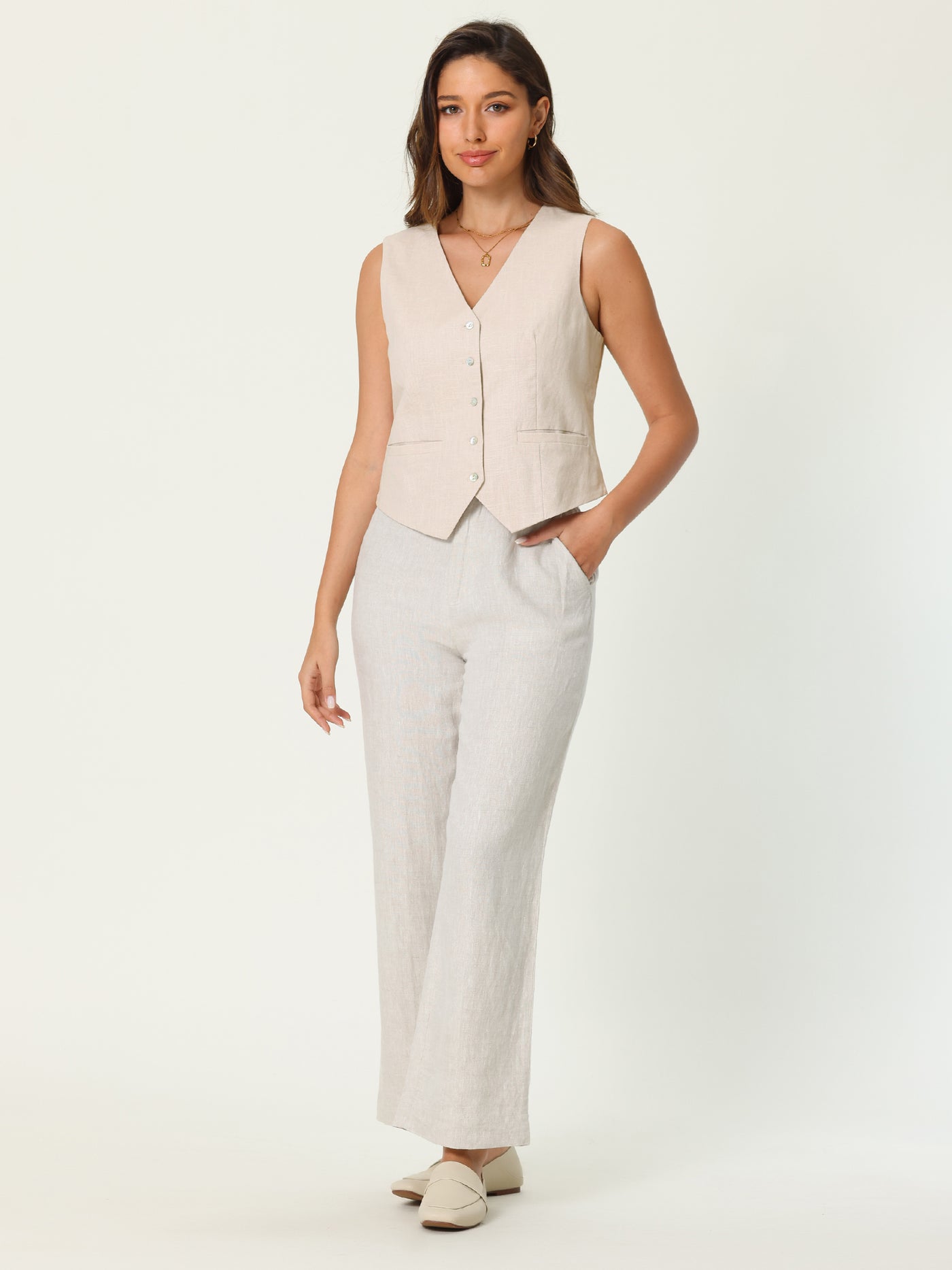 Bublédon Women's Linen Vest Sleeveless Button Down V Neck Formal Business Waistcoat