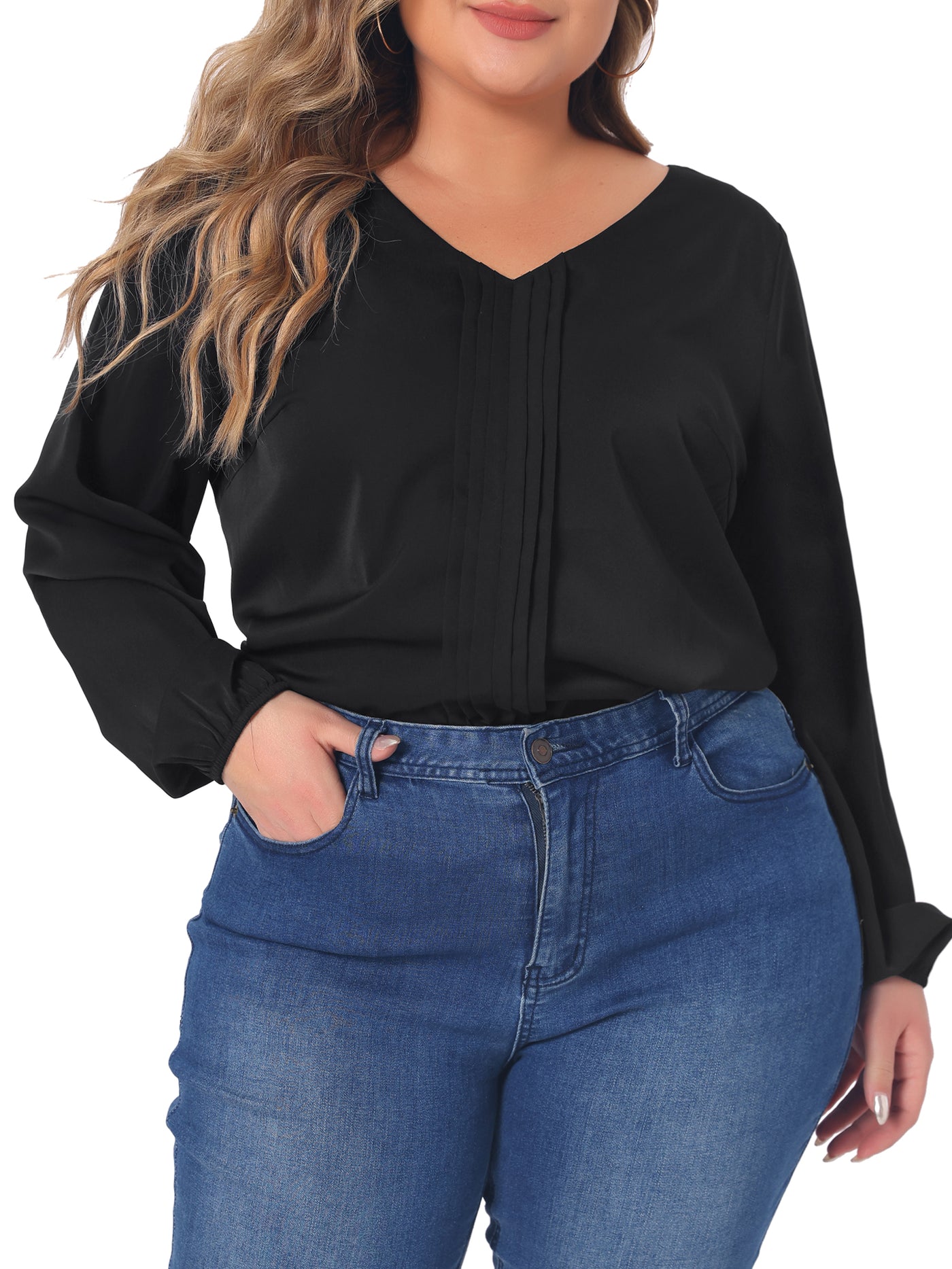 Bublédon Plus Size Blouses for Women Long Sleeve V Neck Casual Chiffon Pleated Front Tops Shirts