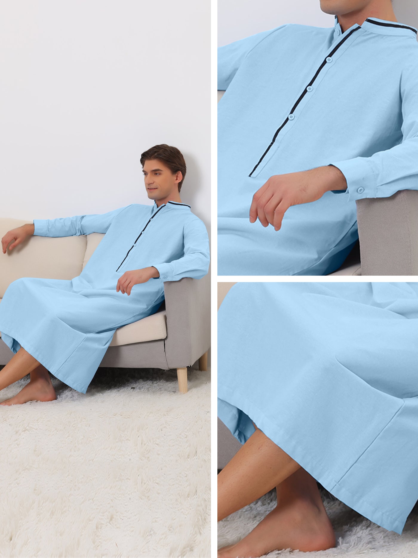 Bublédon Nightgown for Men's Contrast Color Stand Collar Long Sleeves Button Closure Nightshirts