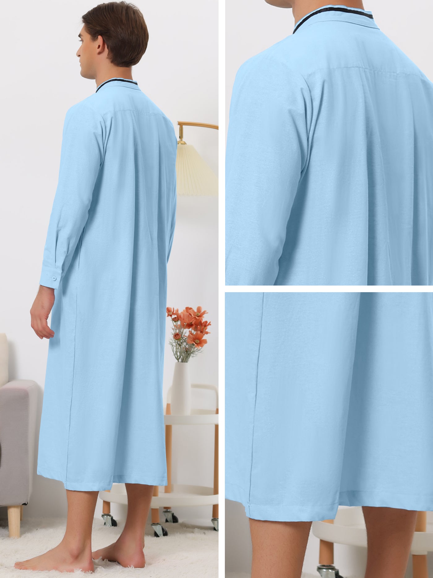 Bublédon Nightgown for Men's Contrast Color Stand Collar Long Sleeves Button Closure Nightshirts
