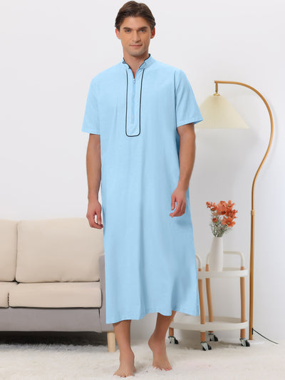 Bublédon Long Nightgown for Men's Loose Fit Short Sleeves Stand Collar Zipper Nightshirts
