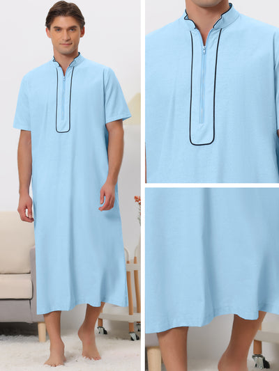 Long Nightgown for Men's Loose Fit Short Sleeves Stand Collar Zipper Nightshirts