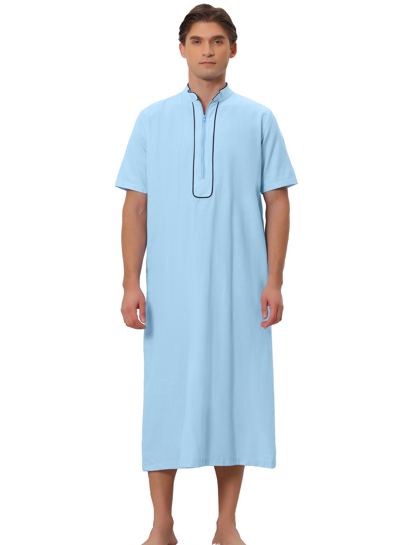Bublédon Long Nightgown for Men's Loose Fit Short Sleeves Stand Collar Zipper Nightshirts