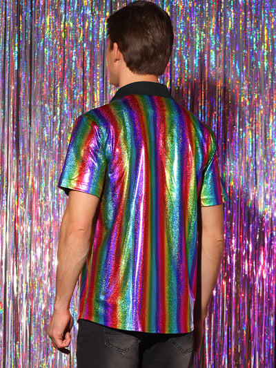 Shiny Metallic Short Sleeves Button Down Party Disco Shirts