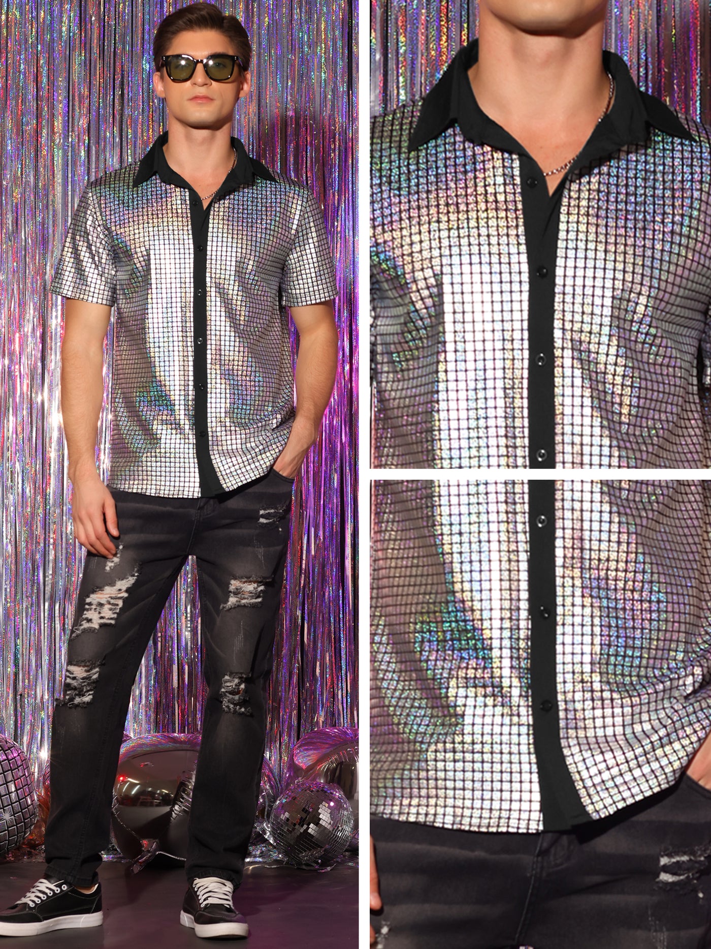 Bublédon Shiny Metallic Short Sleeves Button Down Party Disco Shirts