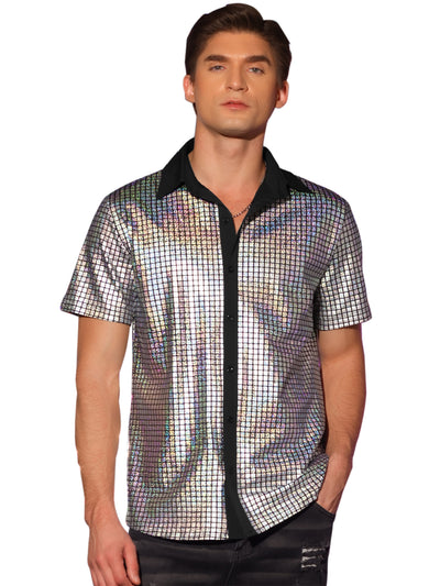 Bublédon Shiny Metallic Short Sleeves Button Down Party Disco Shirts