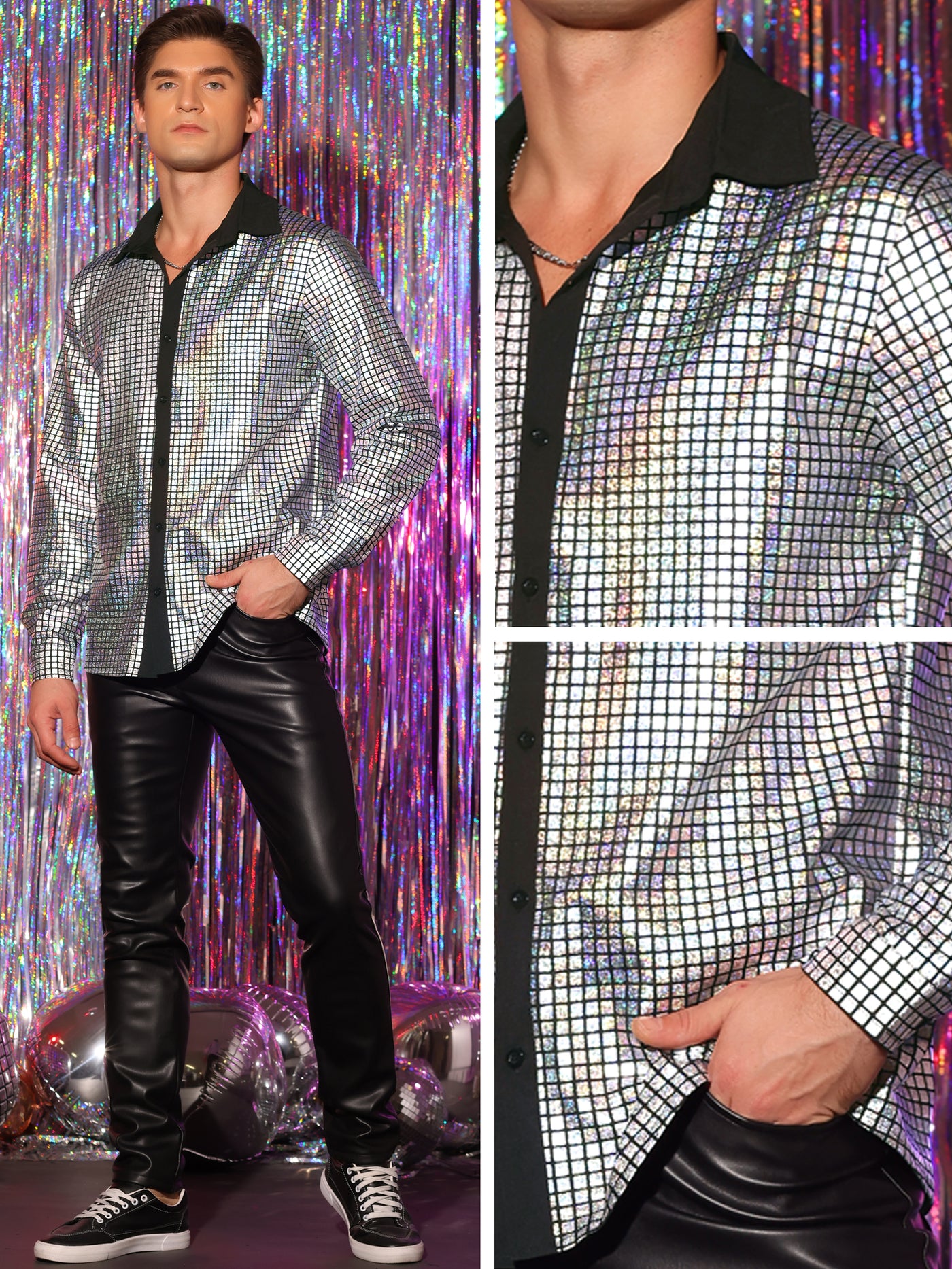 Bublédon Men's Metallic Long Sleeves Button Down Nightclub Party Shirts