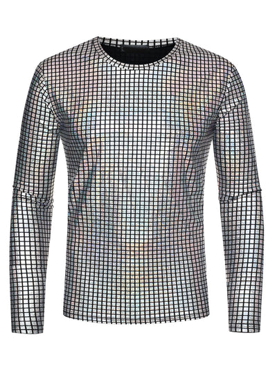 Metallic T-Shirt for Men's Crew Neck Long Sleeves Party Club Shiny Top