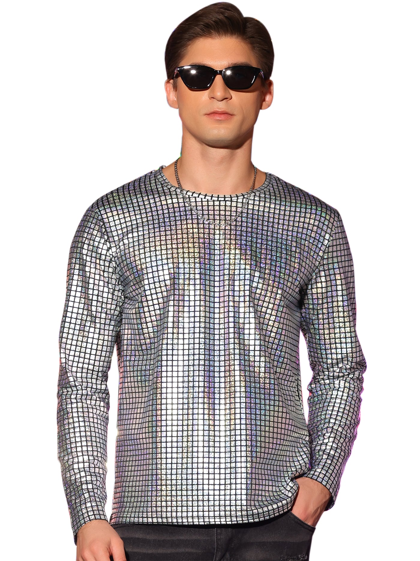 Bublédon Metallic T-Shirt for Men's Crew Neck Long Sleeves Party Club Shiny Top