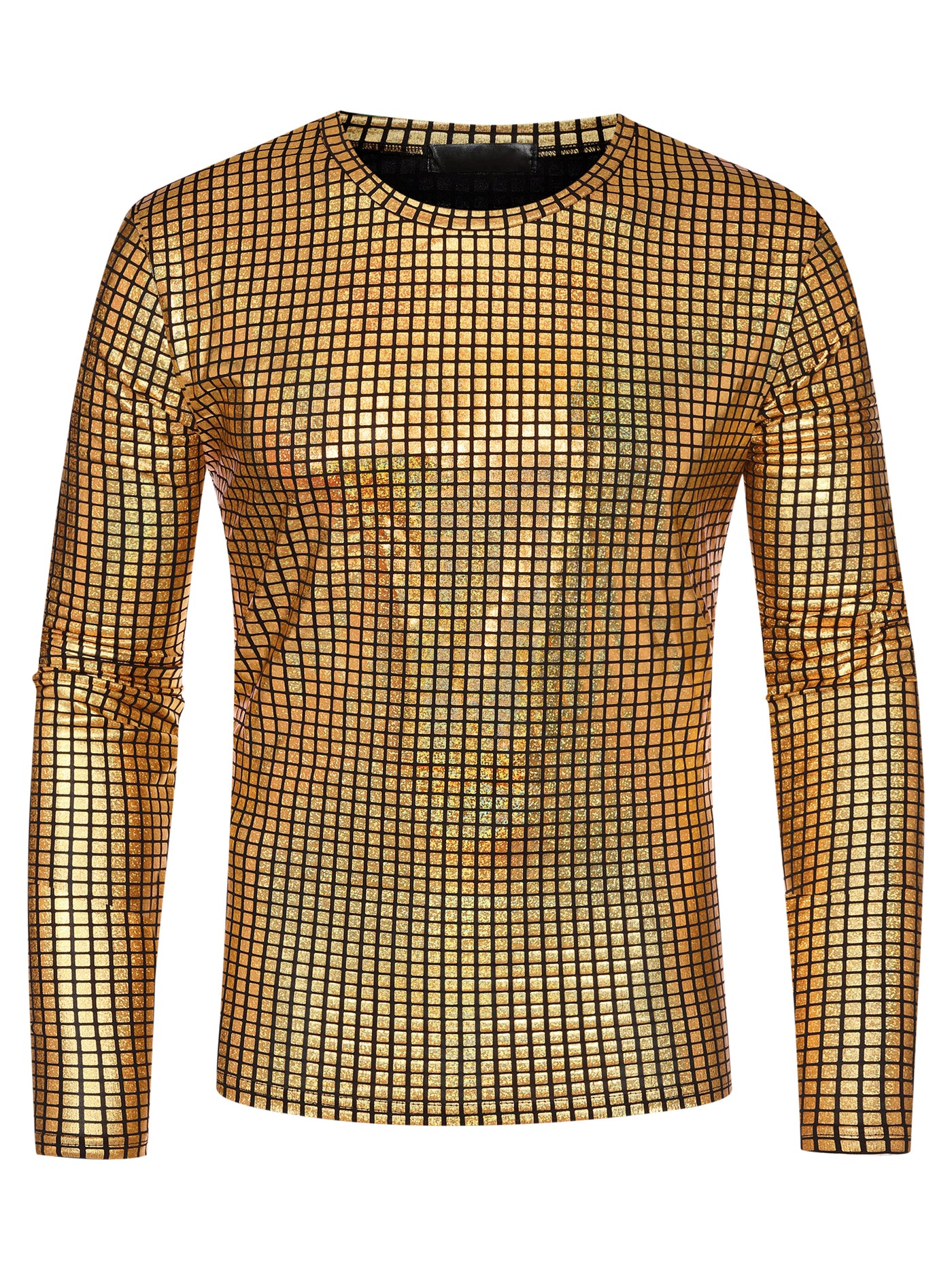 Bublédon Metallic T-Shirt for Men's Crew Neck Long Sleeves Party Club Shiny Top