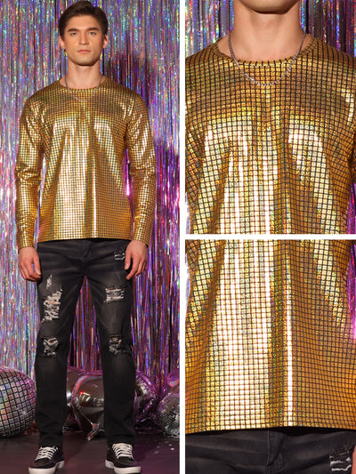 Metallic T-Shirt for Men's Crew Neck Long Sleeves Party Club Shiny Top