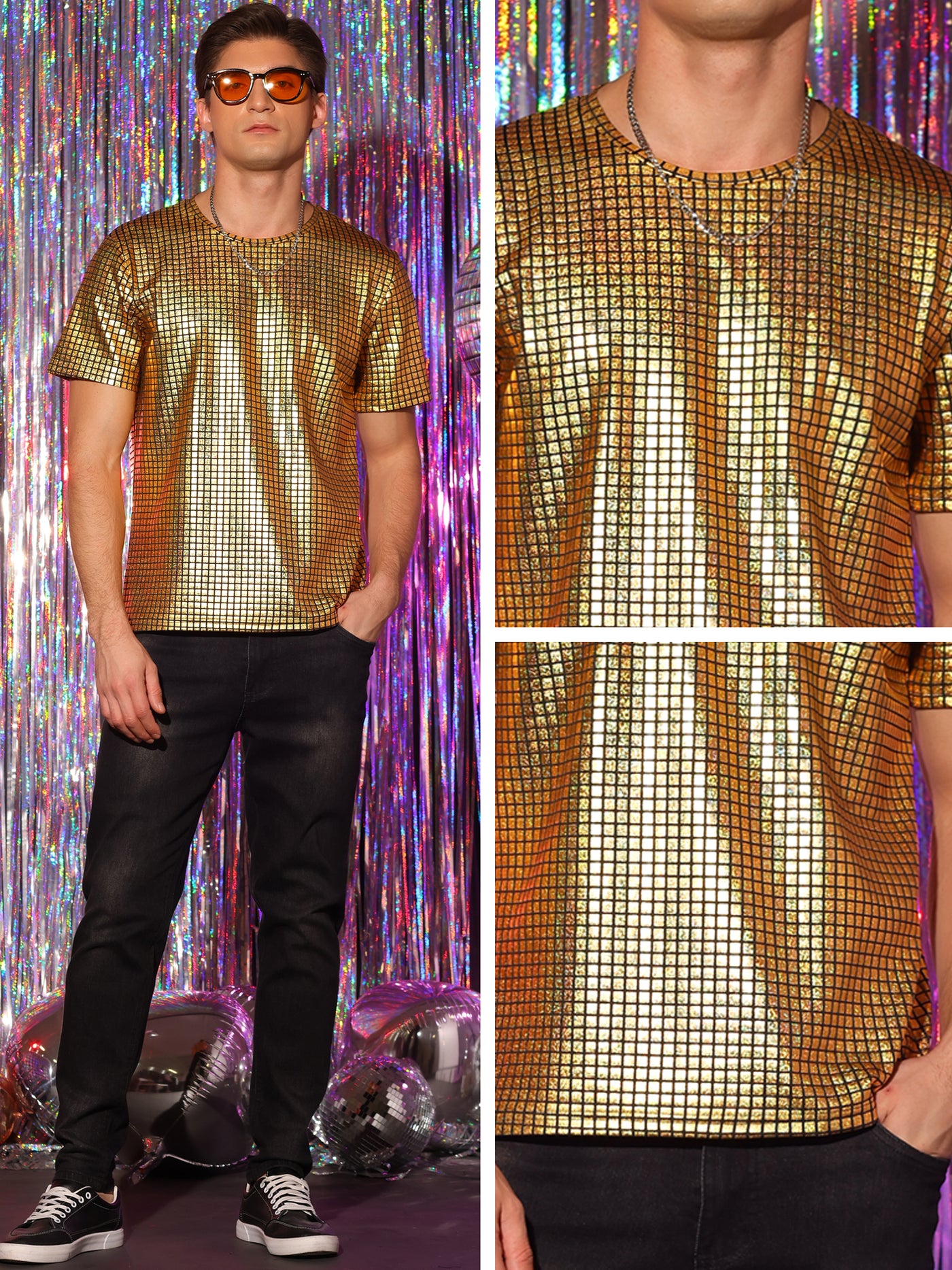Bublédon Men's Sparkle Round Neck Short Sleeves Nightclub Party Metallic Tee T-Shirt
