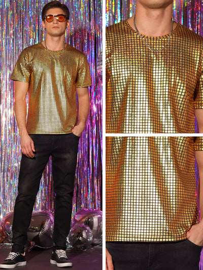 Men's Sparkle Round Neck Short Sleeves Nightclub Party Metallic Tee T-Shirt