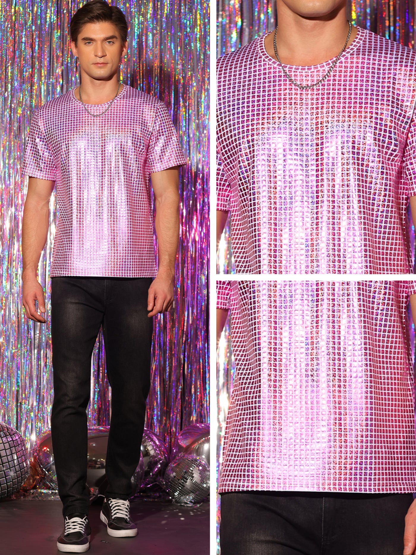 Bublédon Men's Sparkle Round Neck Short Sleeves Nightclub Party Metallic Tee T-Shirt