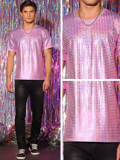Men's Sparkle Round Neck Short Sleeves Nightclub Party Metallic Tee T-Shirt