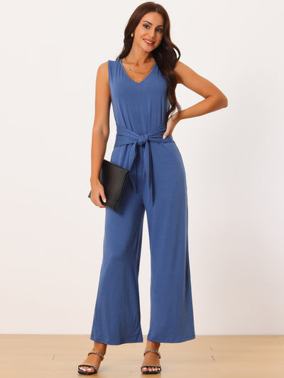 Sleeveless Tie Waist Stretchy Wide Legs Jumpsuits with Pockets