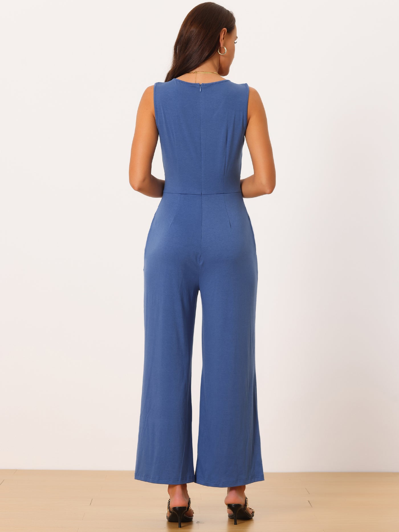 Bublédon Sleeveless Tie Waist Stretchy Wide Legs Jumpsuits with Pockets