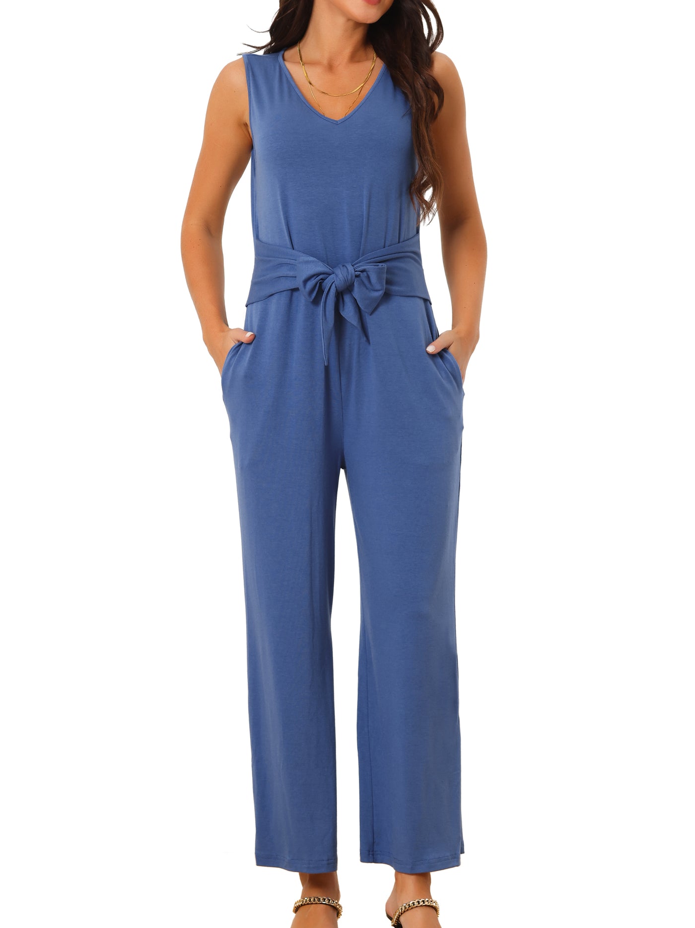 Bublédon Sleeveless Tie Waist Stretchy Wide Legs Jumpsuits with Pockets