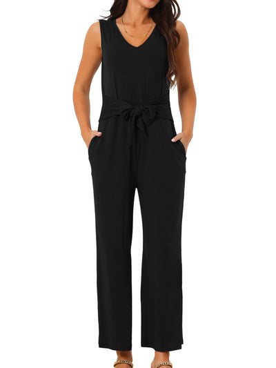 Sleeveless Tie Waist Stretchy Wide Legs Jumpsuits with Pockets