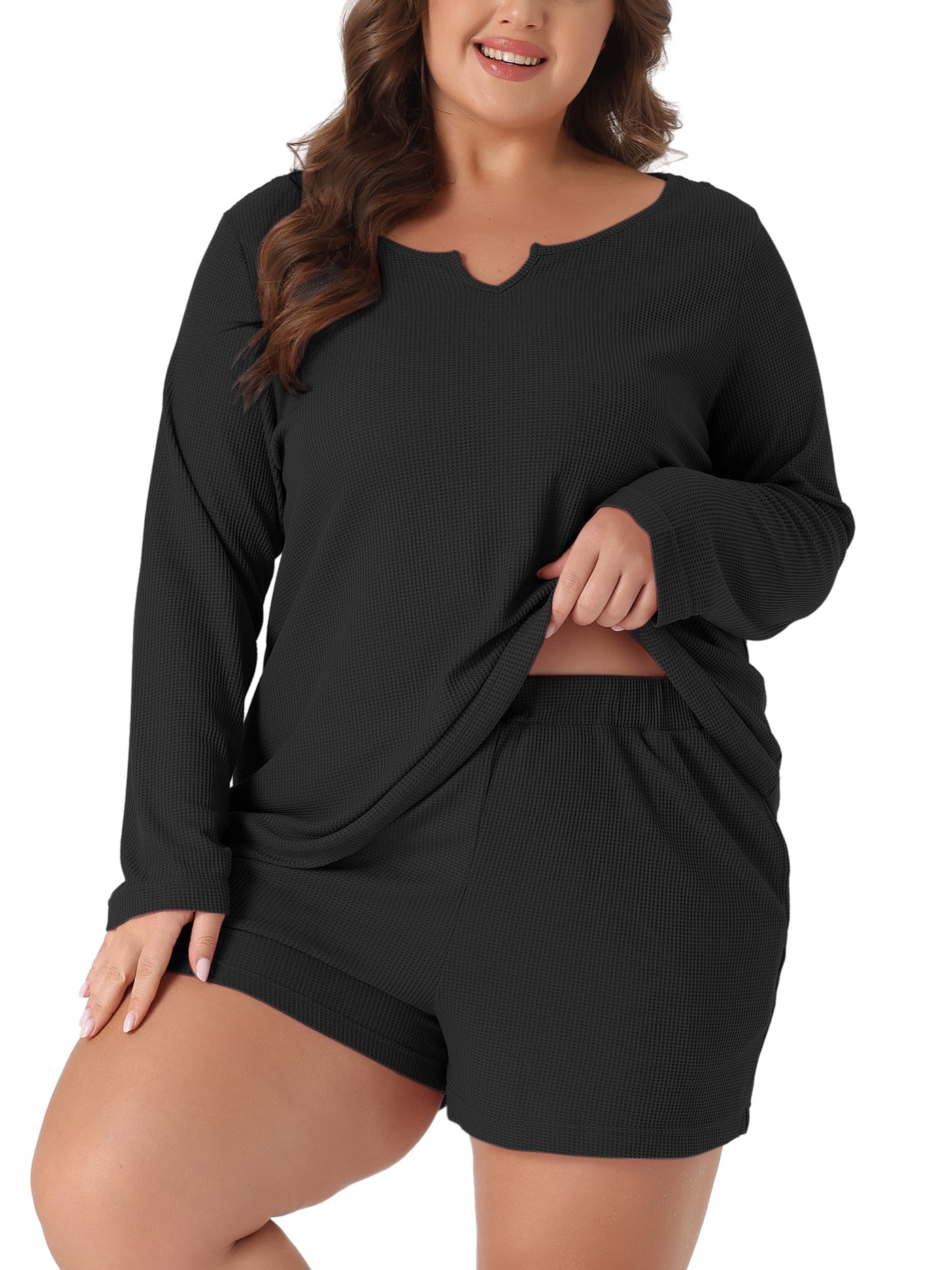 Bublédon Plus Size Loungewear for Women Waffle 2 Piece Long Sleeved Tops and Shorts Pajama Sweatsuits Sets