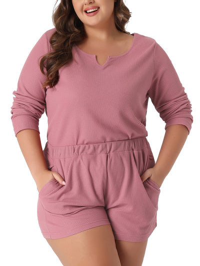 Bublédon Plus Size Loungewear for Women Waffle 2 Piece Long Sleeved Tops and Shorts Pajama Sweatsuits Sets