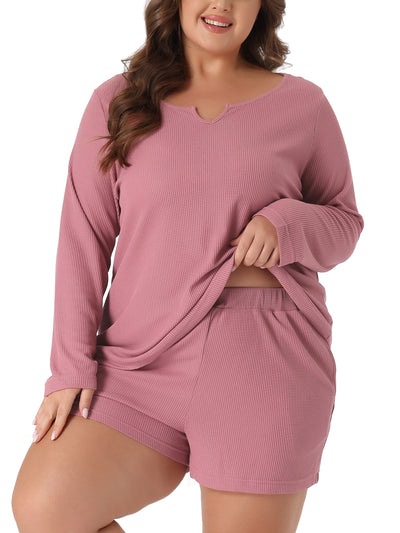 Plus Size Loungewear for Women Waffle 2 Piece Long Sleeved Tops and Shorts Pajama Sweatsuits Sets