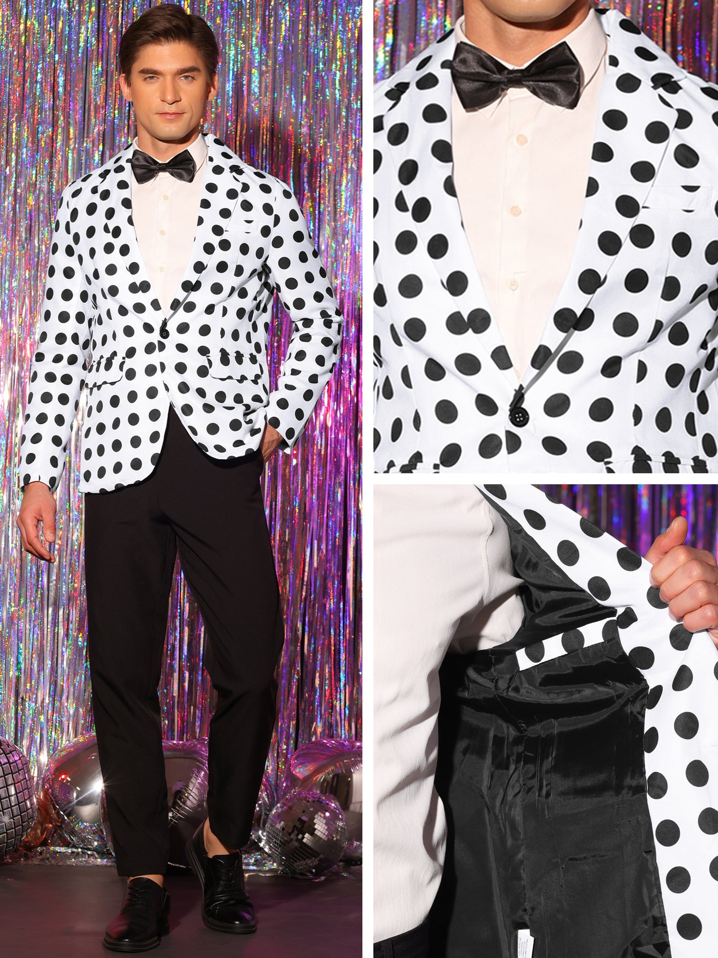 Bublédon Polka Dots Blazers for Men's Notch Lapel One Button Wedding Suit Jacket Sports Coats