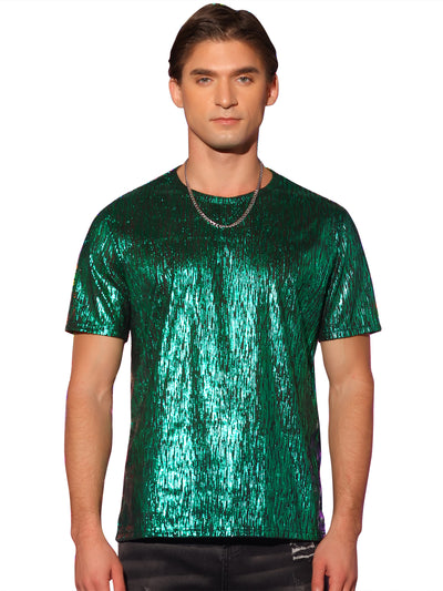 Metallic Shiny T-Shirt for Men's Round Neck Short Sleeves Club Sparkle Tee Top