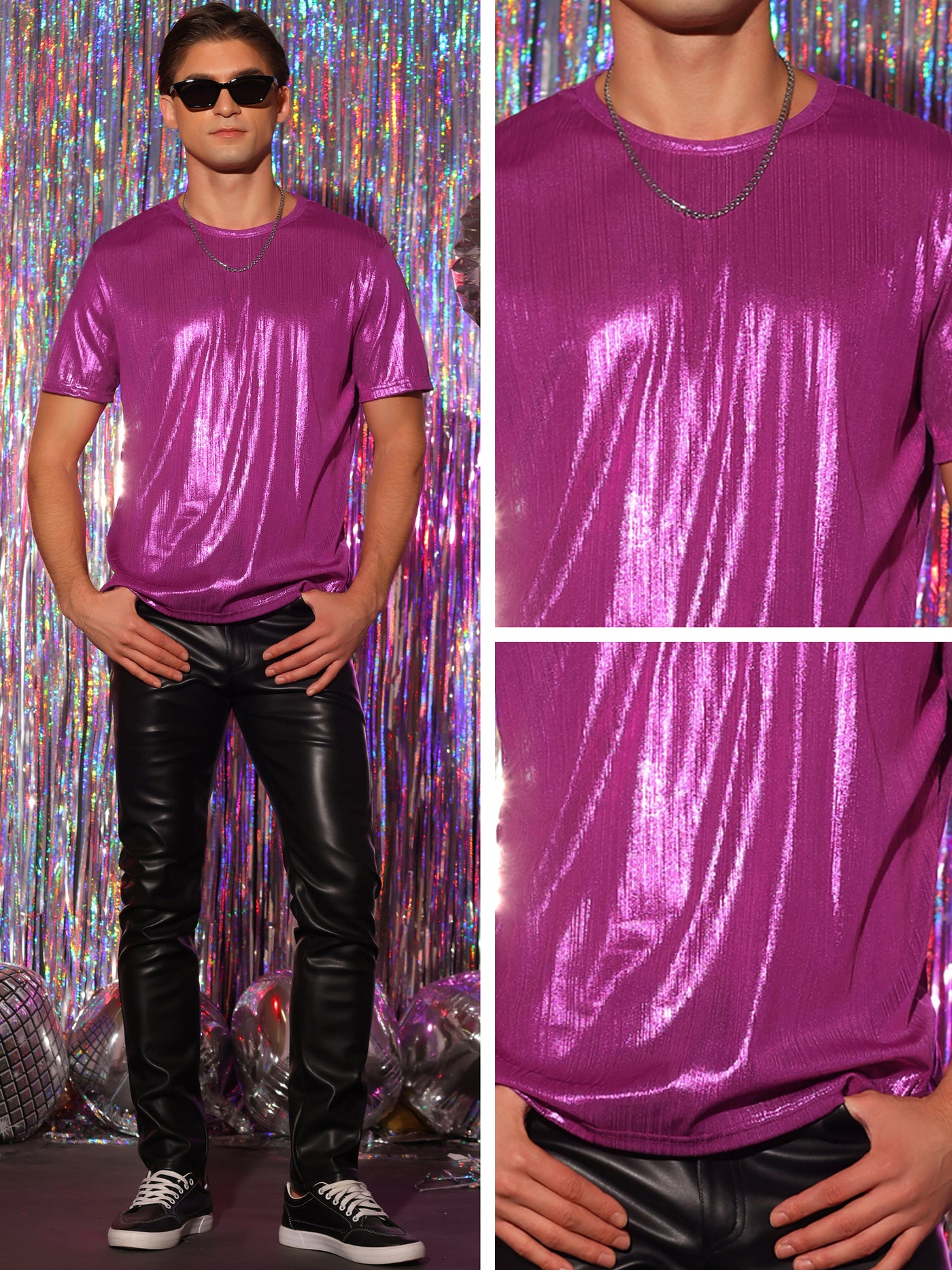 Bublédon Metallic Sparkly Shirts for Men's Crew Neck Short Sleeves Tops Party T-Shirts