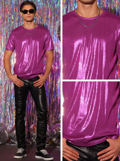 Metallic Sparkly Shirts for Men's Crew Neck Short Sleeves Tops Party T-Shirts