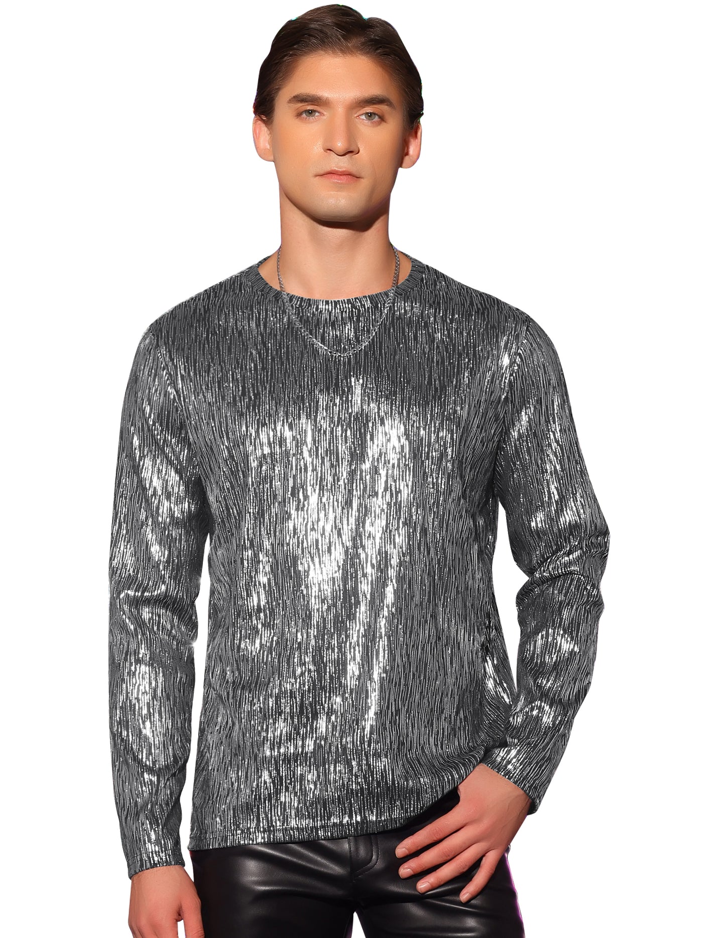 Bublédon Metallic Long Sleeves Top Party Clubwear Shiny T-Shirt Tee Shirt