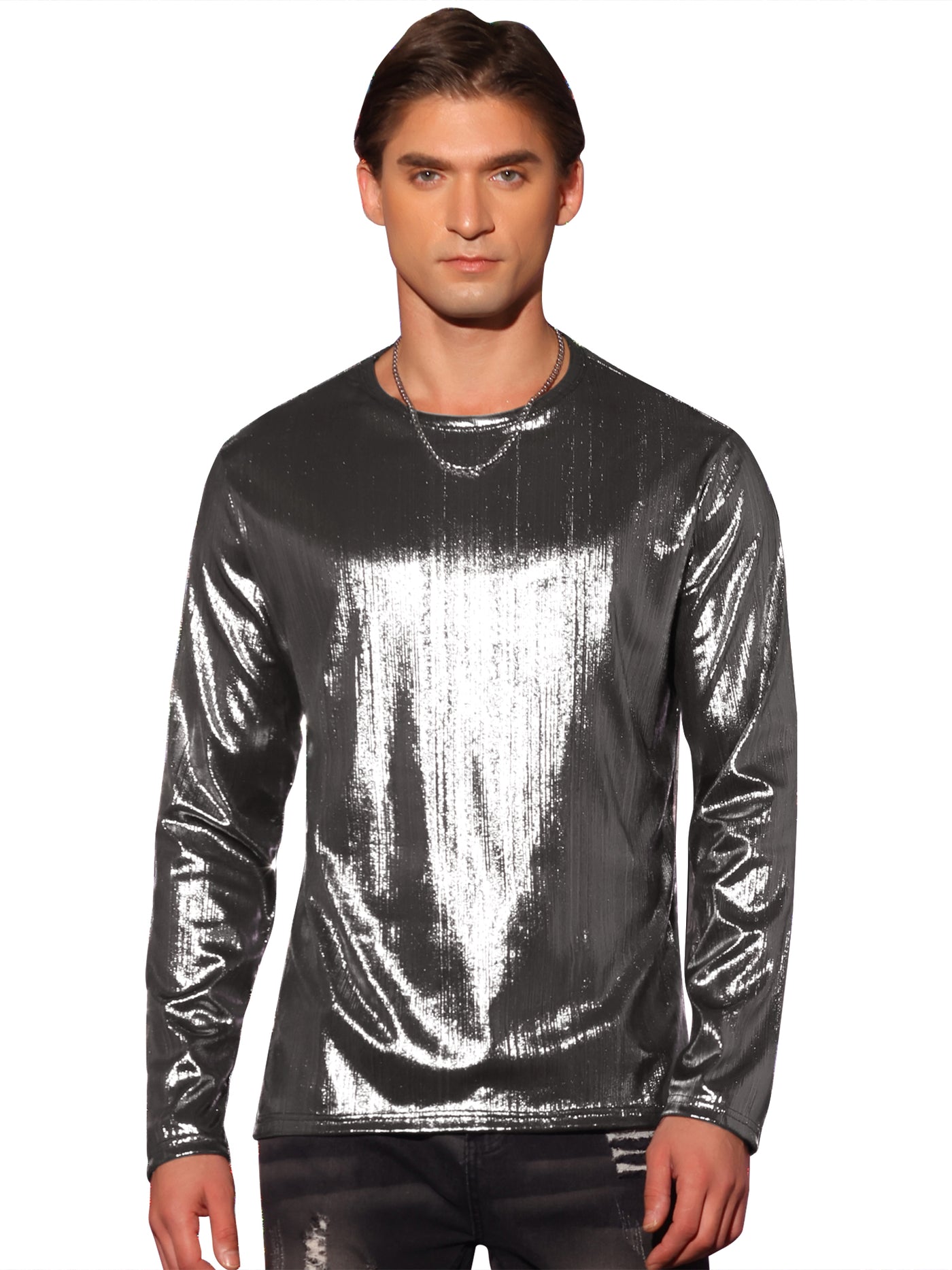 Bublédon Metallic Shirt for Men's Long Sleeves Shiny Tee Tops Club Disco T-Shirts
