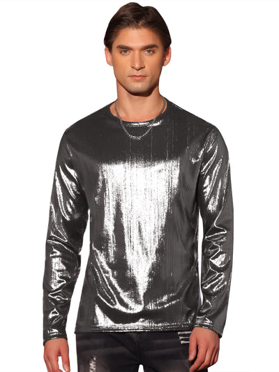 Metallic Shirt for Men's Long Sleeves Shiny Tee Tops Club Disco T-Shirts